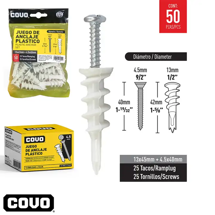 Tornillos con ramplug 4.5 x 40mm 50 pzs