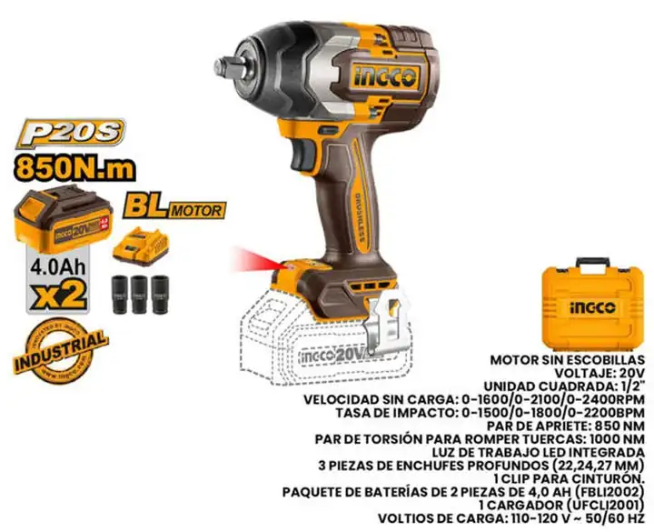 Llave de impacto 1/2 bl inalámbrica 20 V 500n.m