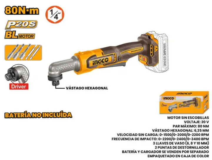 Atornillador bl de impacto angular 1/4 inalámbrico 20 V 80n.m (no incluye batería)