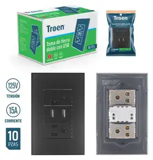 Tomacorriente doble + USB negro acrílico