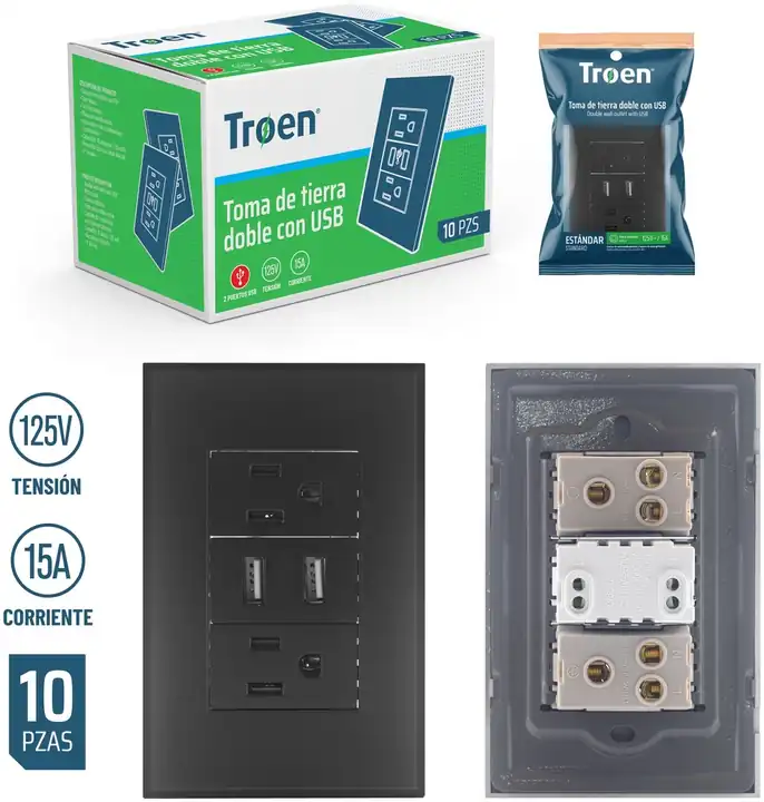 Tomacorriente doble con USB tipo-c negro