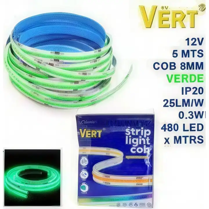 Cinta LED cob verde 12 V 8mm 5mts