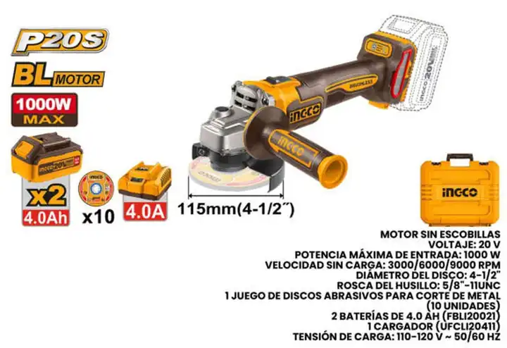 Esmeril angular inalámbrico 20 V 4.1/2"