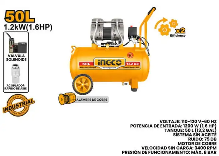 Compresor de aire 1.6 HP sin aceite