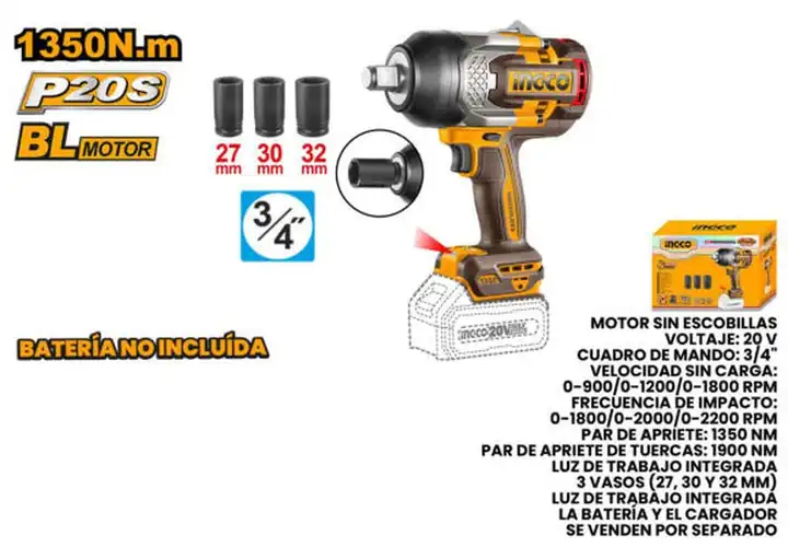 Llave de impacto 3/4" inalámbrica 20 V