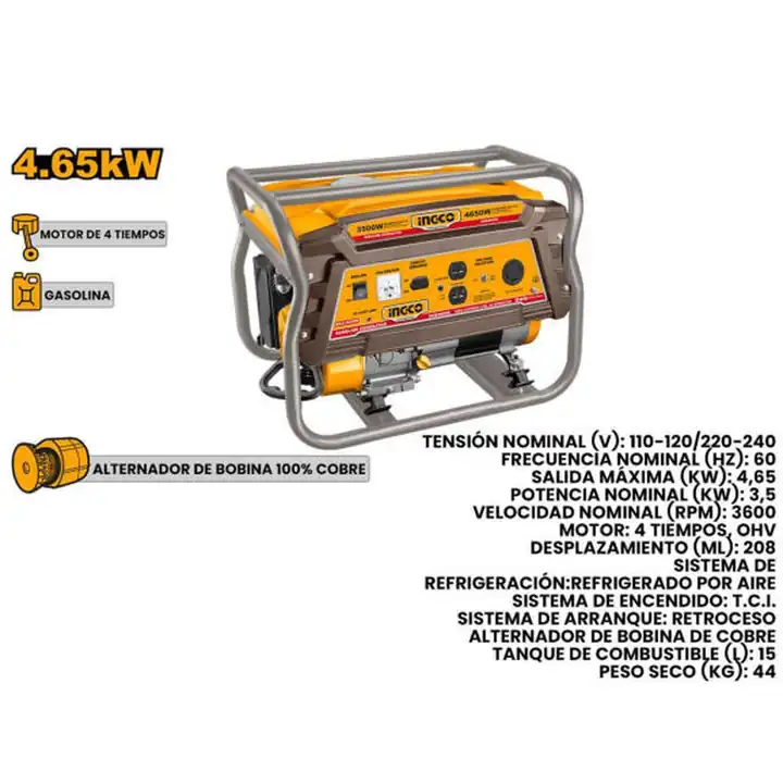 Planta generador eléctrico a gasolina 4.65 kW 6.2 HP motor 4T