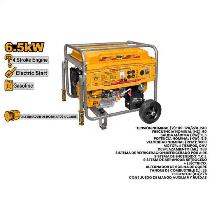 Planta generador eléctrico a gasolina 6.5 kW 13.0 HP motor 4T