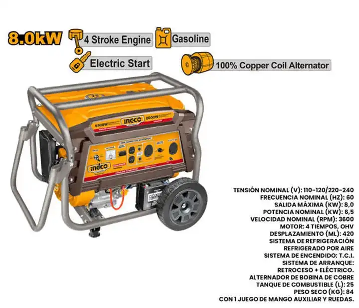Planta generador eléctrico a gasolina 8.0 kW 15.0 HP motor 4T