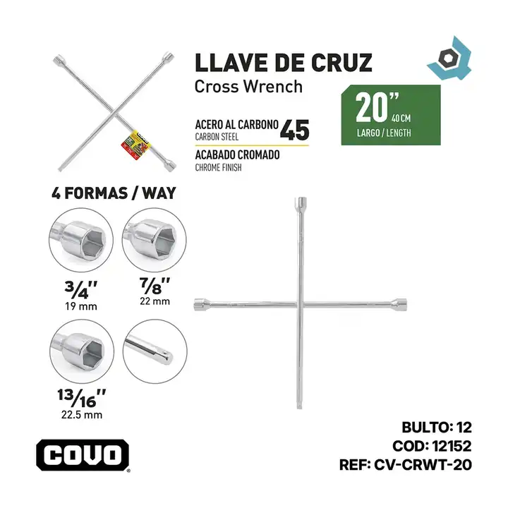 Llave de cruz 20" con adaptador para dados de 1/2"