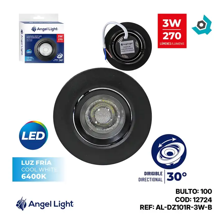 Lámpara LED ojo de buey 3 W redonda 6400k negro