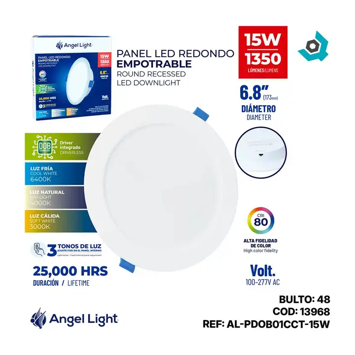 Panel LED redondo 3 tonos empotrar 15 W driverless