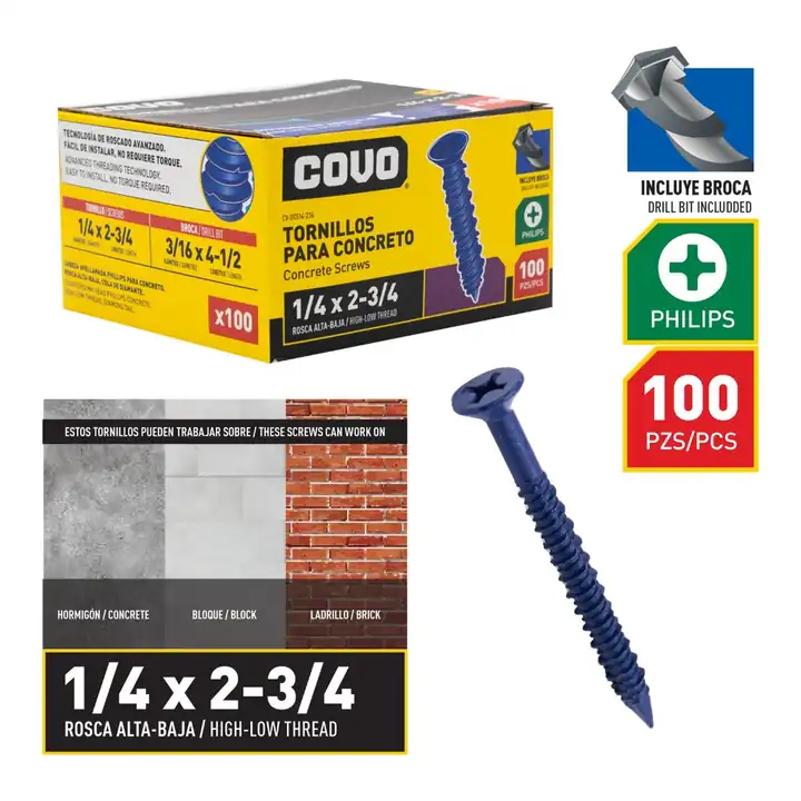Tornillos para concreto 1/4" x 2-3/4" 100 piezas