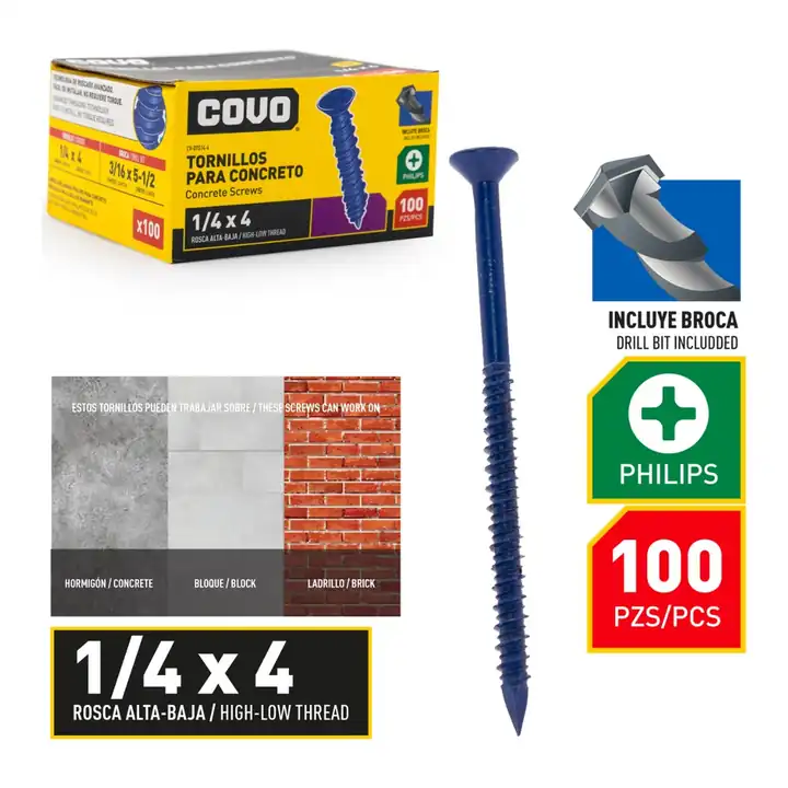 Tornillos para concreto 1/4" x 4" 100 piezas