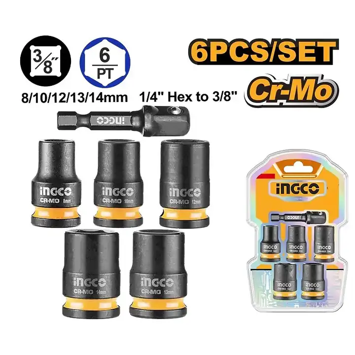 Juego de dados de impacto largos 3/8" 6 piezas con adaptador